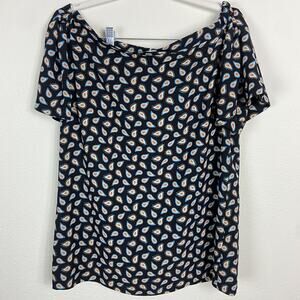 Pleione‎ Off the Shoulder Top Size M Navy Blue Paisley Geometric Print Blouse